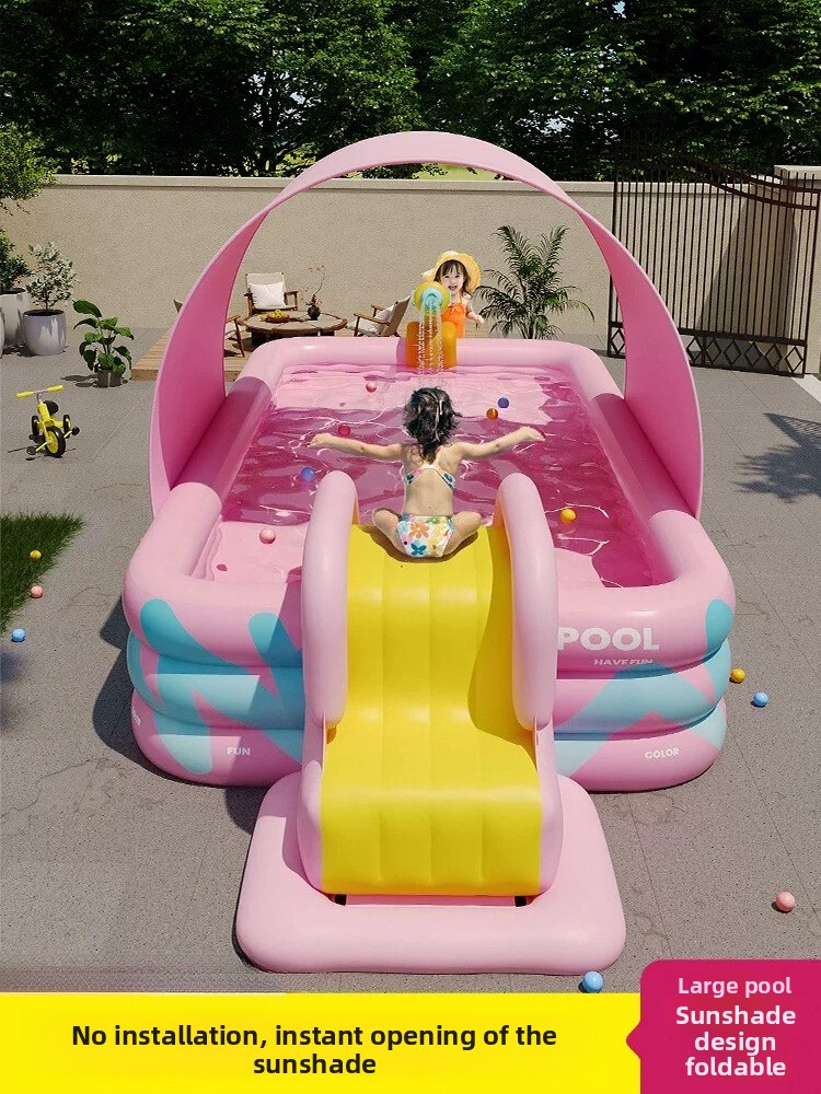 Kids Outdoor Inflatable Water Slide - Inflatable Pool With Sunshade Slide Foldable